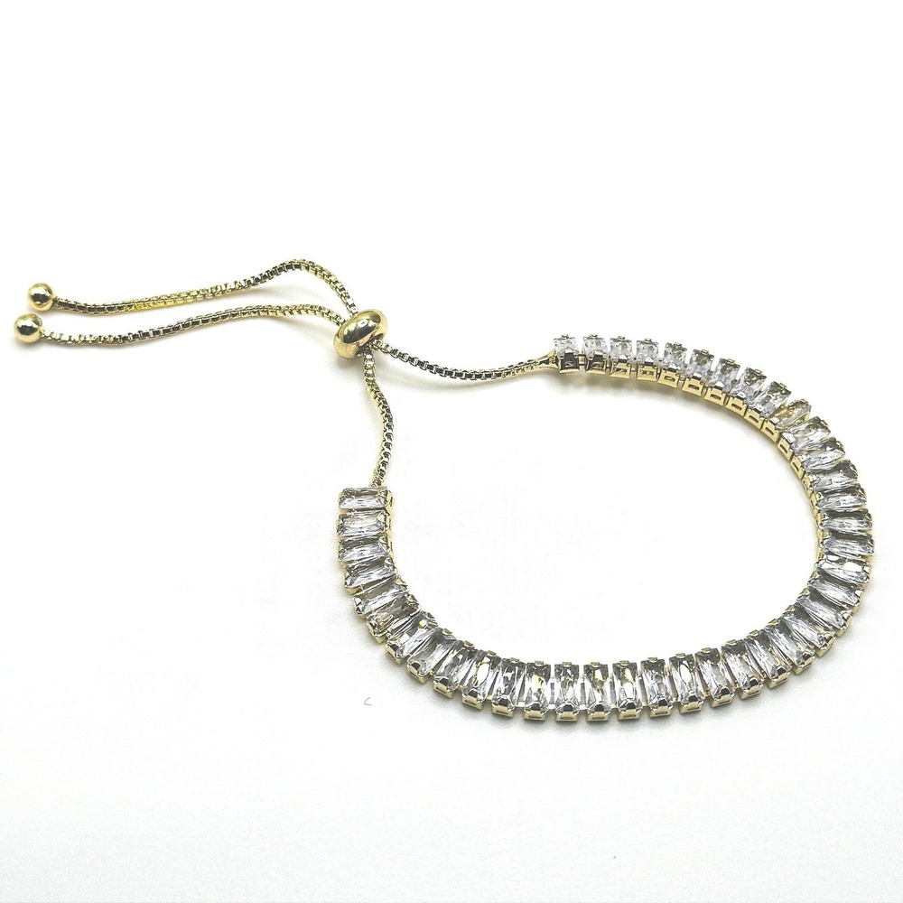 Gold Overlay Baguette Crystal Tennis Bracelet Adjustable Bolo Slider Sparkle New